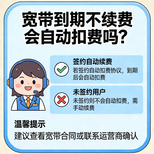 宽带到期不续费会自动扣费吗？